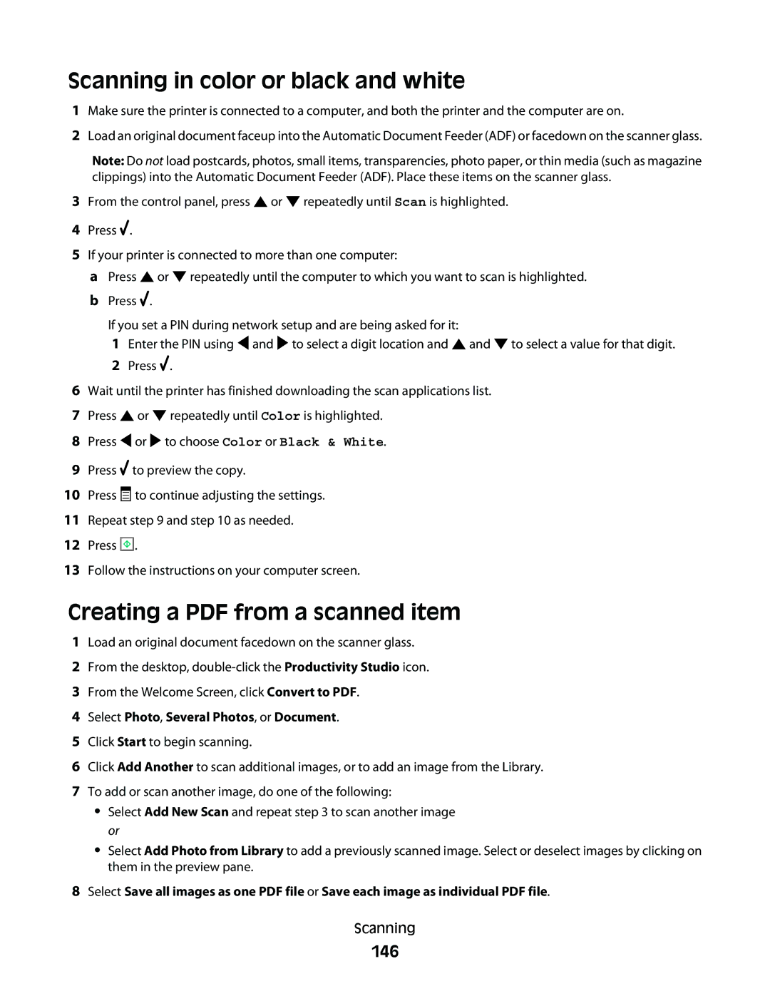Lexmark 9500 Series manual Scanning in color or black and white, 146, Select Photo, Several Photos, or Document 