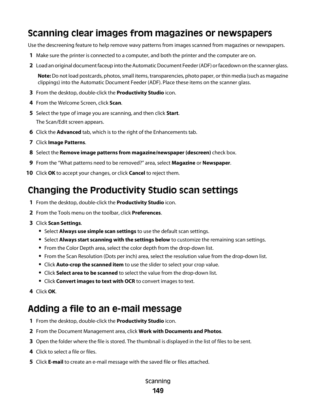 Lexmark 9500 Series Scanning clear images from magazines or newspapers, Changing the Productivity Studio scan settings 