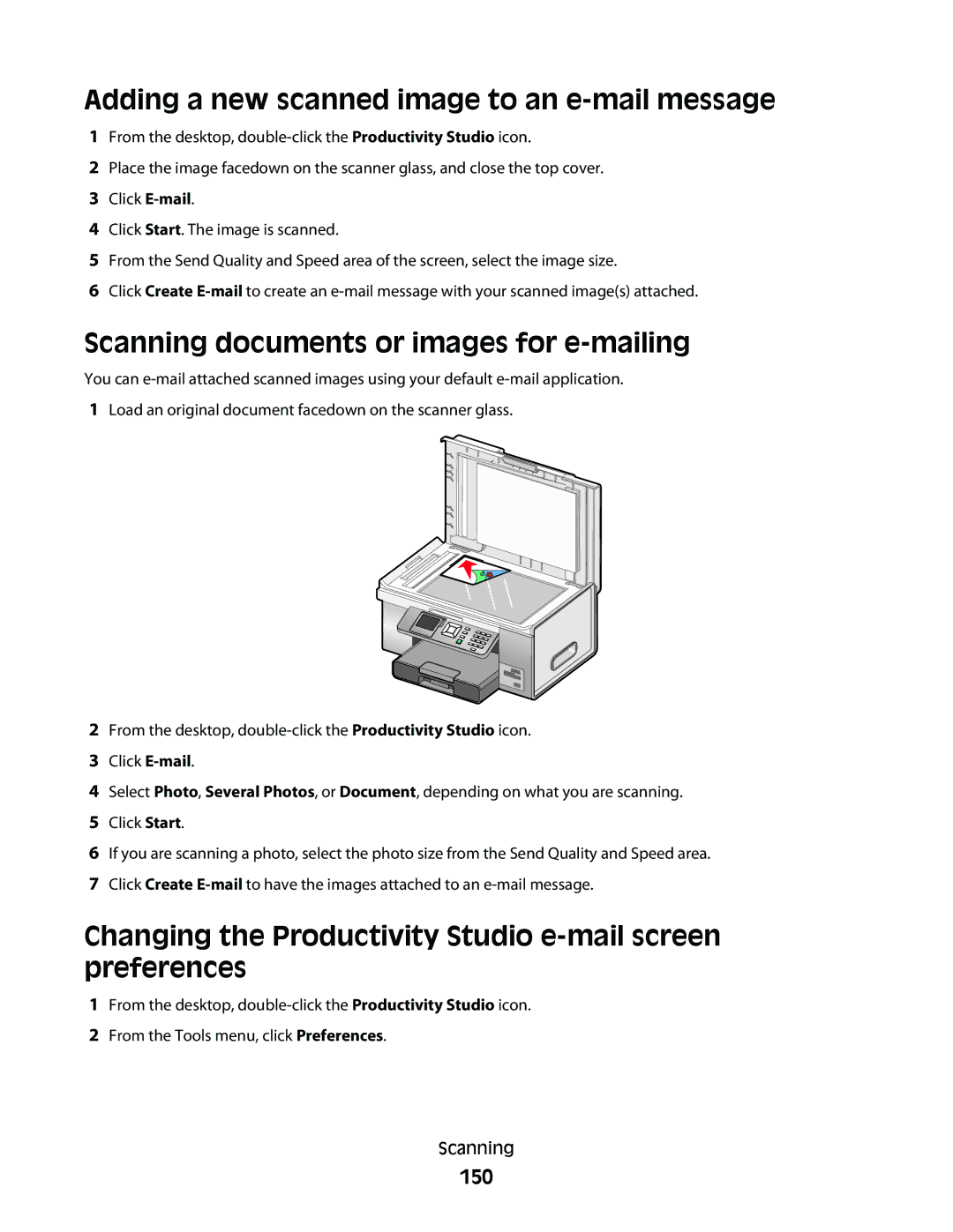 Lexmark 9500 Series manual Adding a new scanned image to an e-mail message, Scanning documents or images for e-mailing, 150 