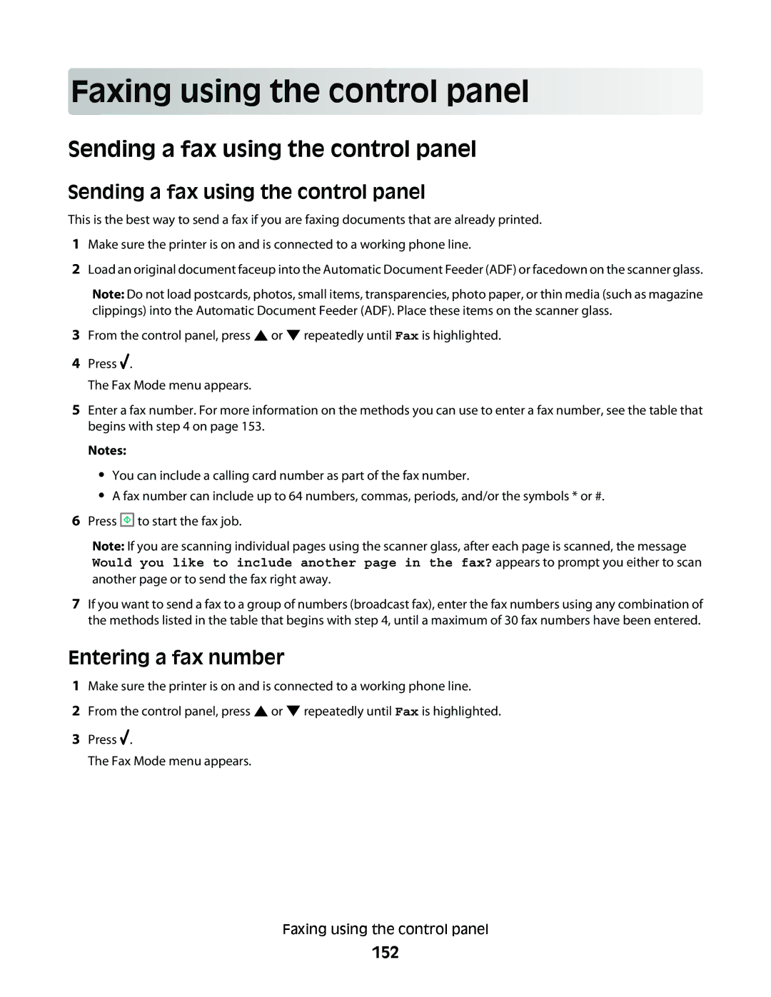 Lexmark 9500 Series Faxing using th e con t rol pane l, Sending a fax using the control panel, Entering a fax number, 152 