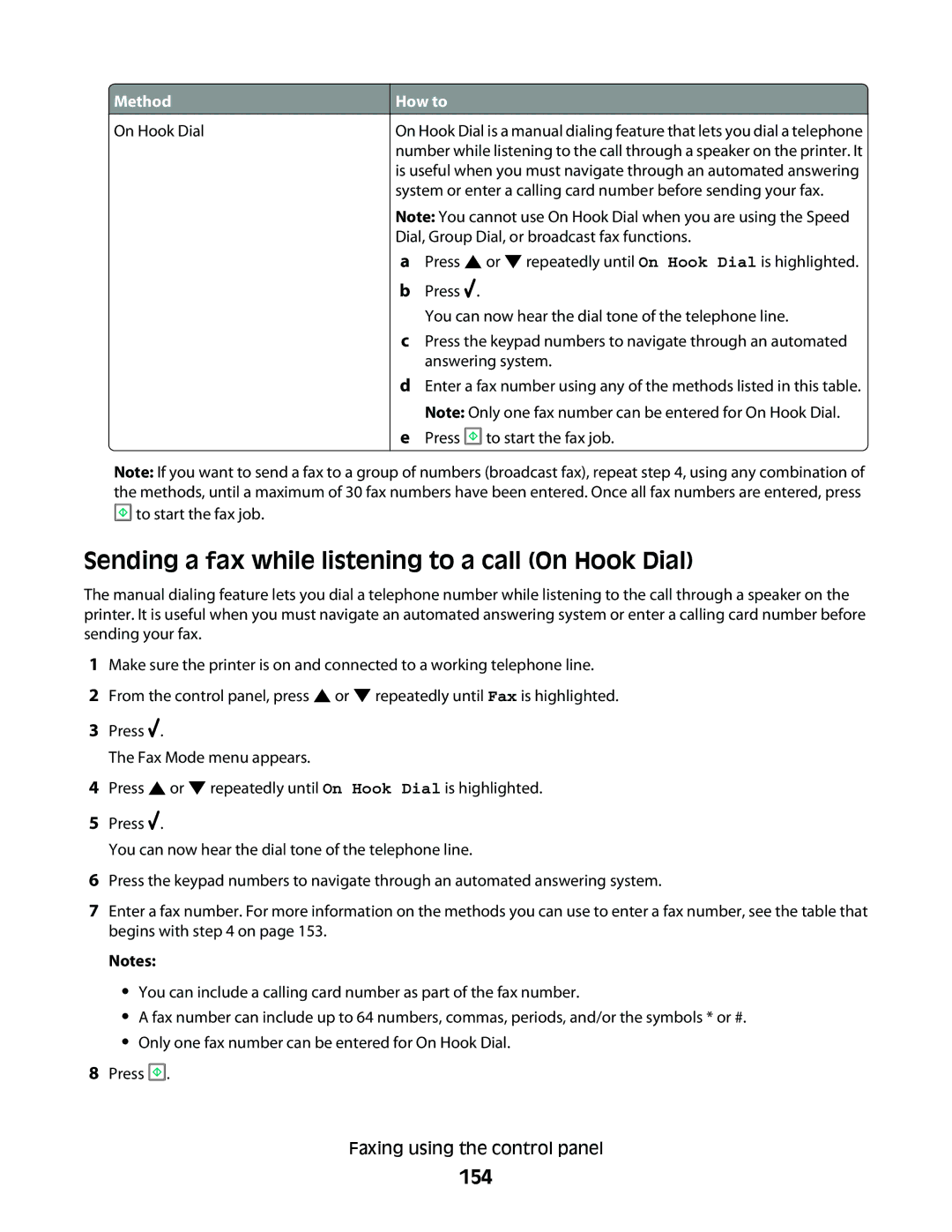 Lexmark 9500 Series manual Sending a fax while listening to a call On Hook Dial, 154, Method How to 