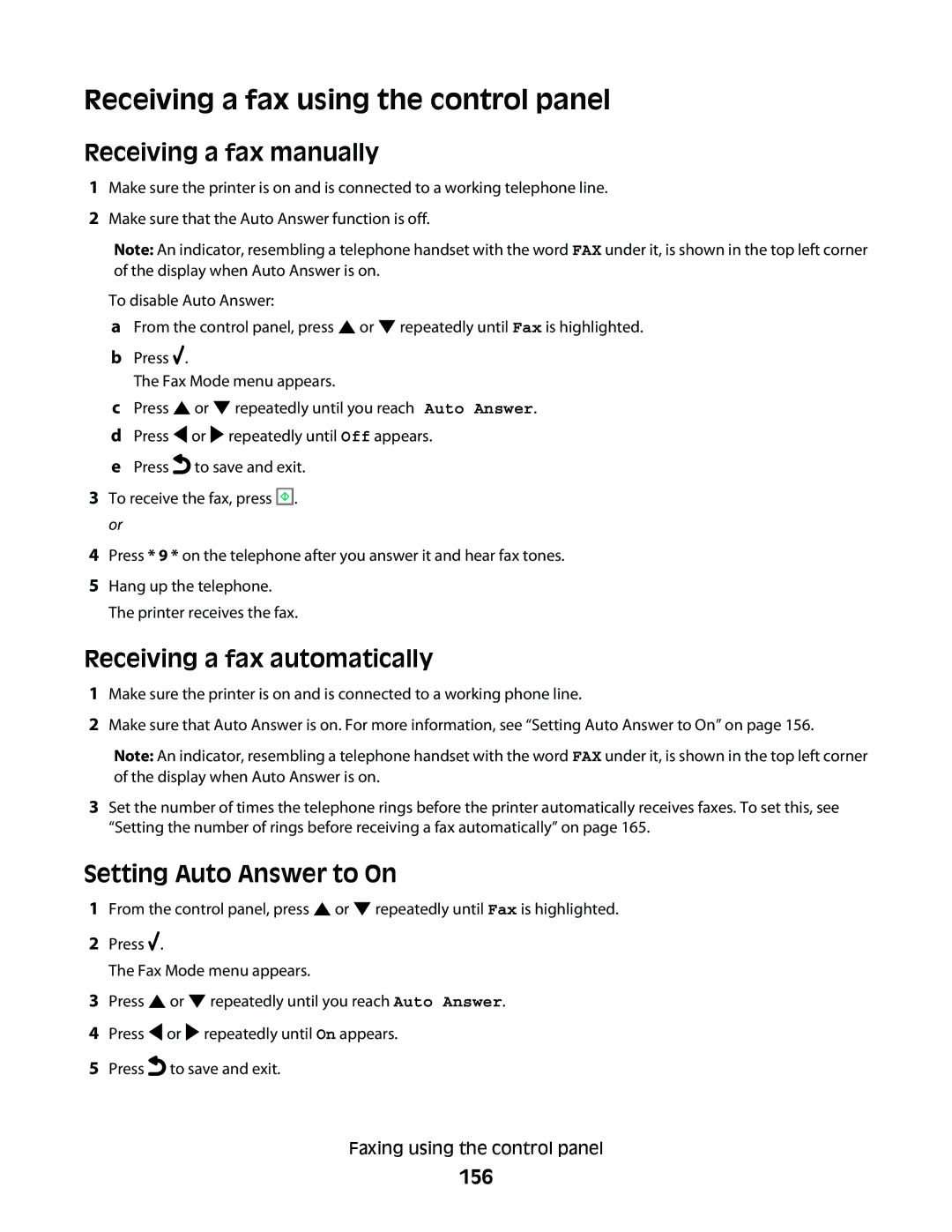 Lexmark 9500 Series Receiving a fax using the control panel, Receiving a fax manually, Receiving a fax automatically, 156 