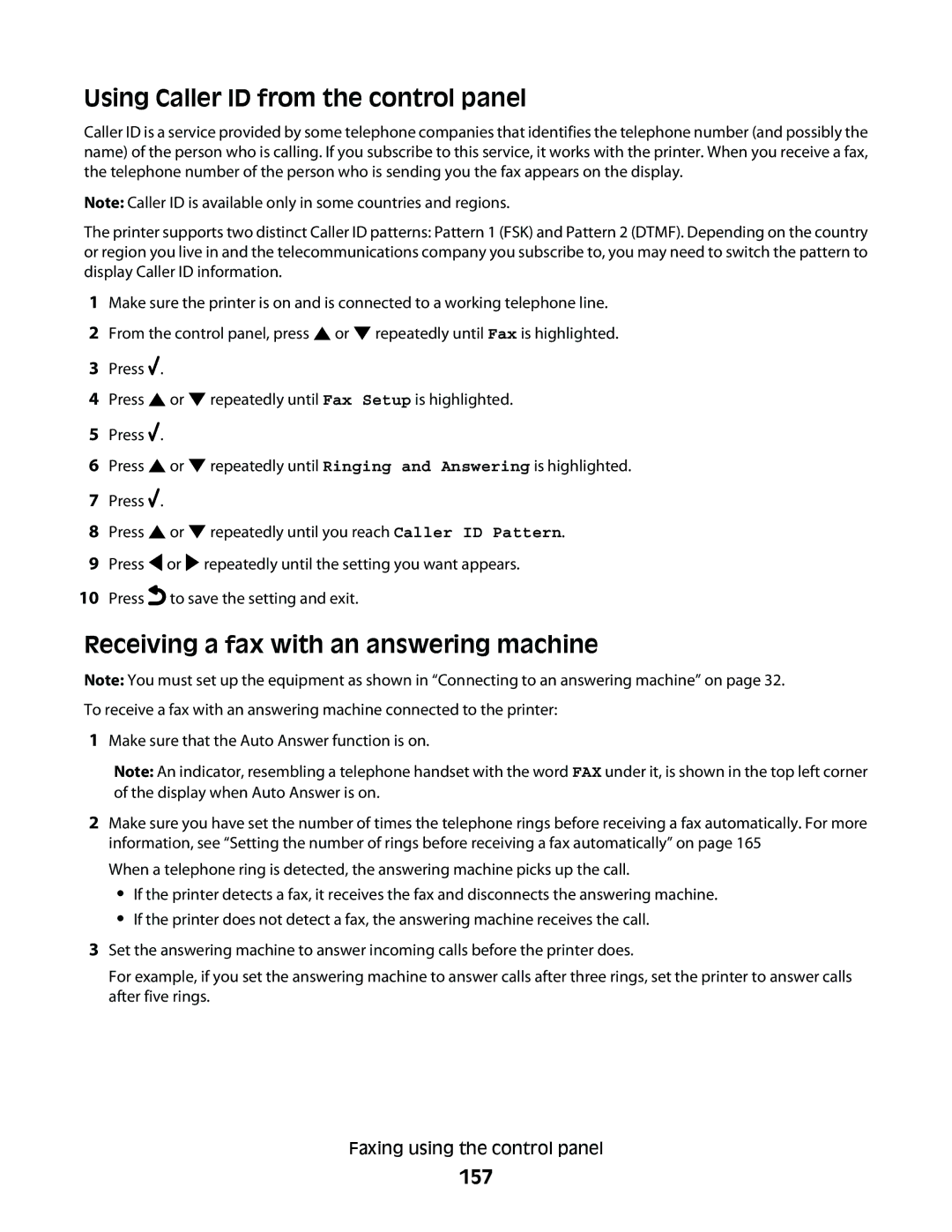 Lexmark 9500 Series manual Using Caller ID from the control panel, Receiving a fax with an answering machine, 157 