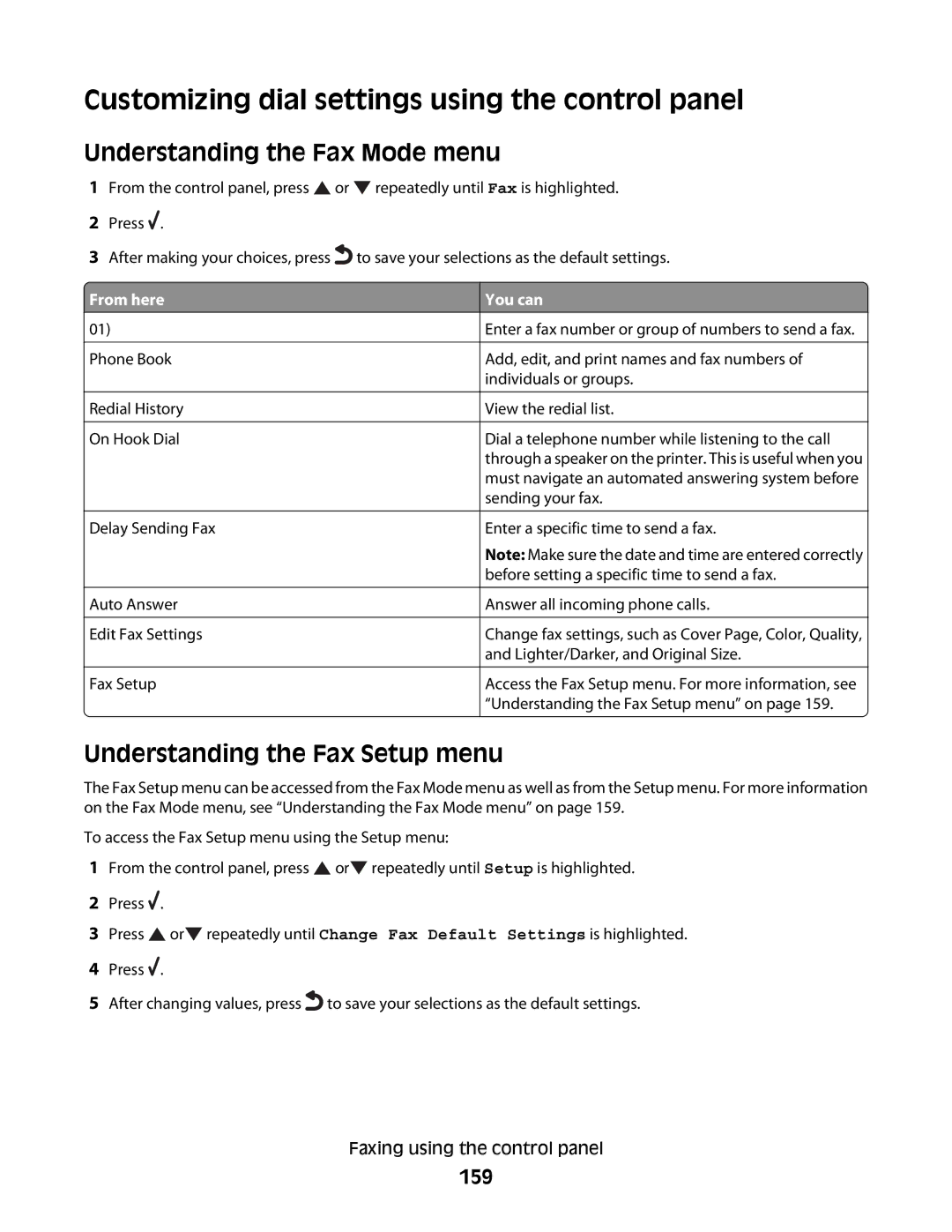 Lexmark 9500 Series manual Customizing dial settings using the control panel, Understanding the Fax Mode menu, 159 