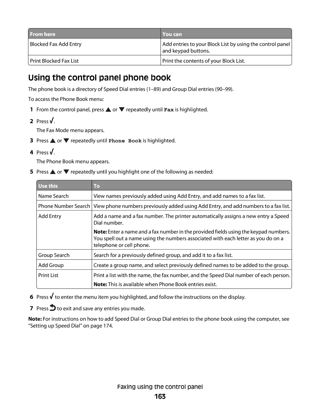 Lexmark 9500 Series manual Using the control panel phone book, 163 