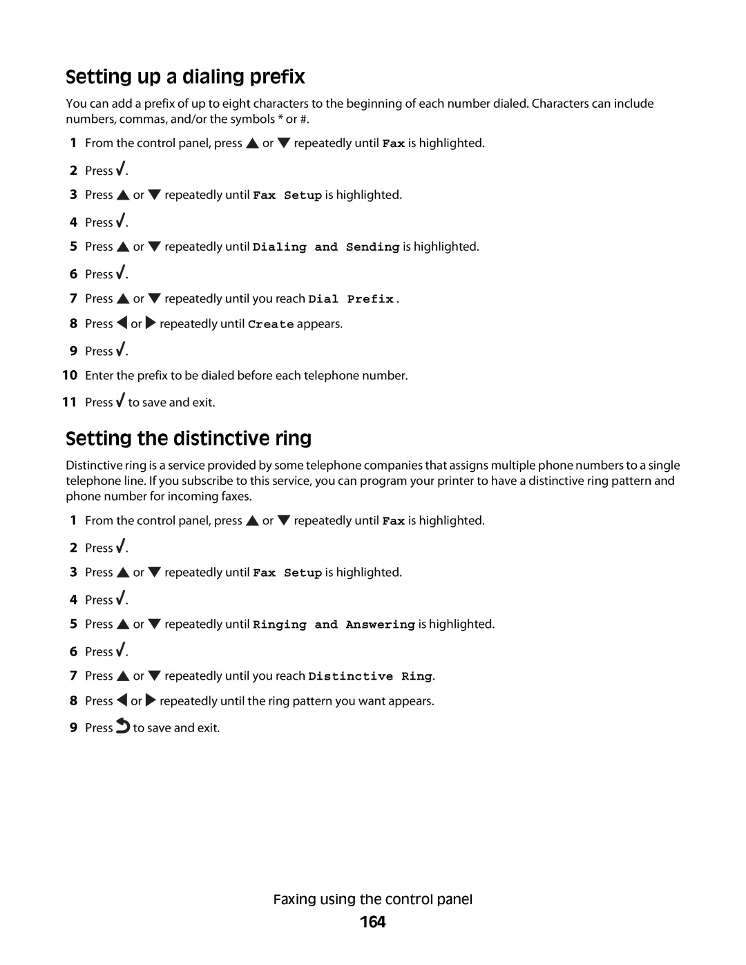 Lexmark 9500 Series manual Setting up a dialing prefix, Setting the distinctive ring, 164 