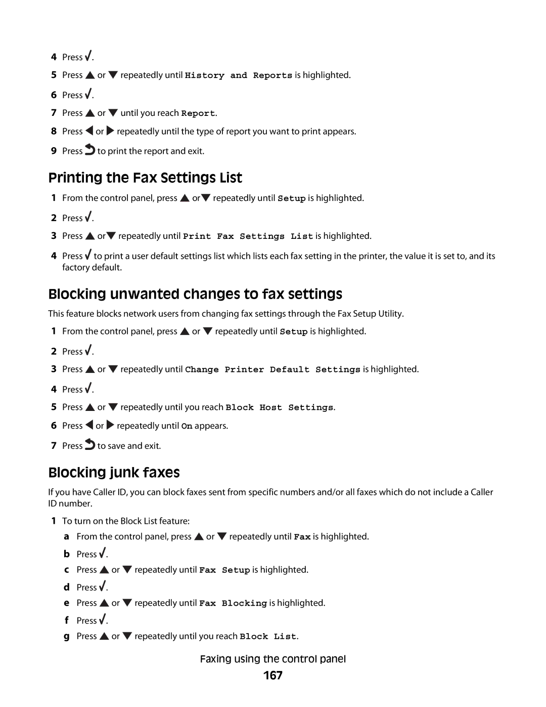 Lexmark 9500 Series Printing the Fax Settings List, Blocking unwanted changes to fax settings, Blocking junk faxes, 167 