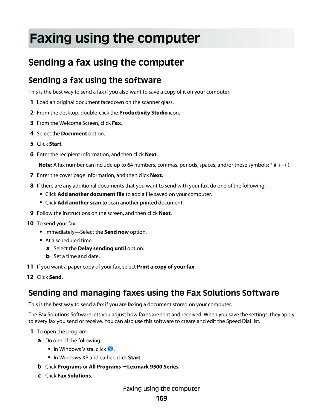 Lexmark 9500 Series Faxing using th e com p uter, Sending a fax using the computer, Sending a fax using the software, 169 