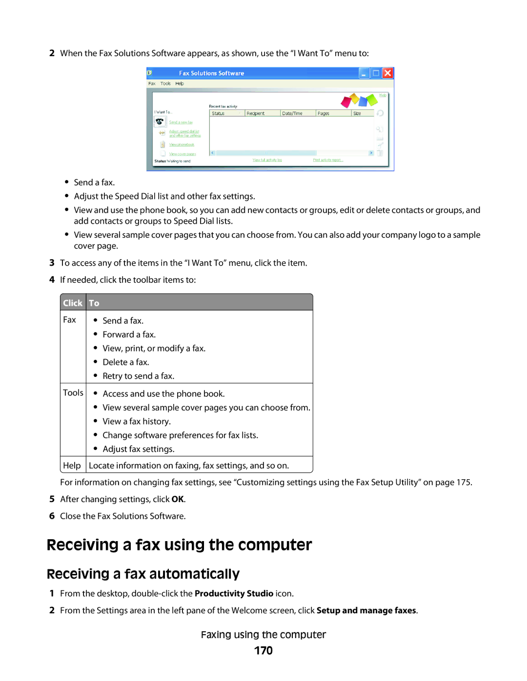 Lexmark 9500 Series manual Receiving a fax using the computer, 170, Click To 