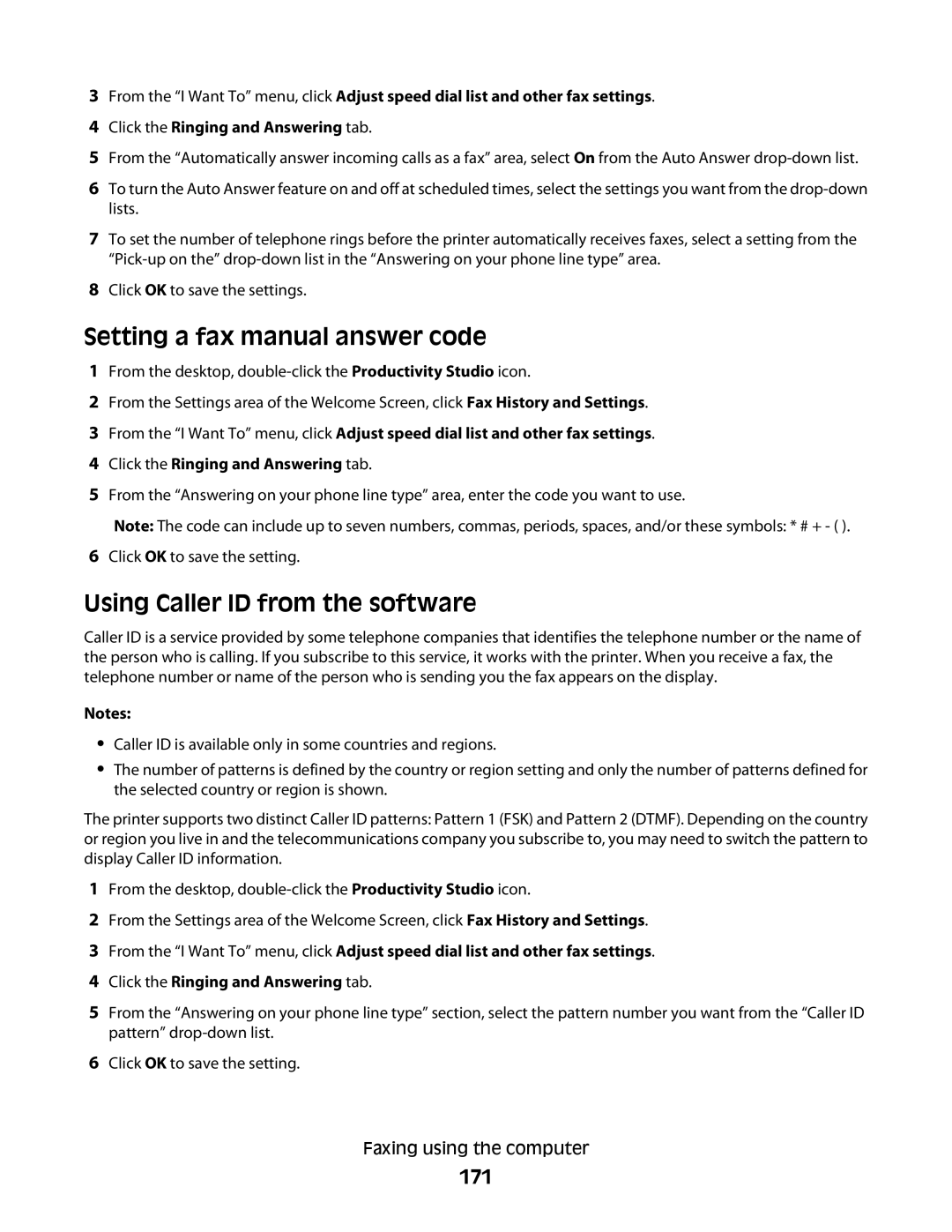 Lexmark 9500 Series Setting a fax manual answer code, Using Caller ID from the software, 171 