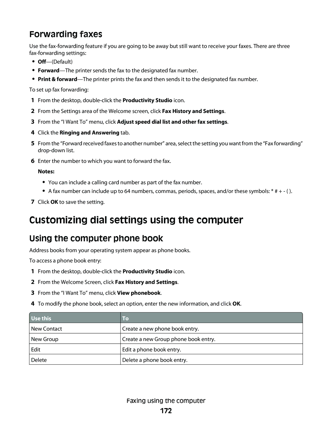 Lexmark 9500 Series manual Customizing dial settings using the computer, Using the computer phone book, 172 