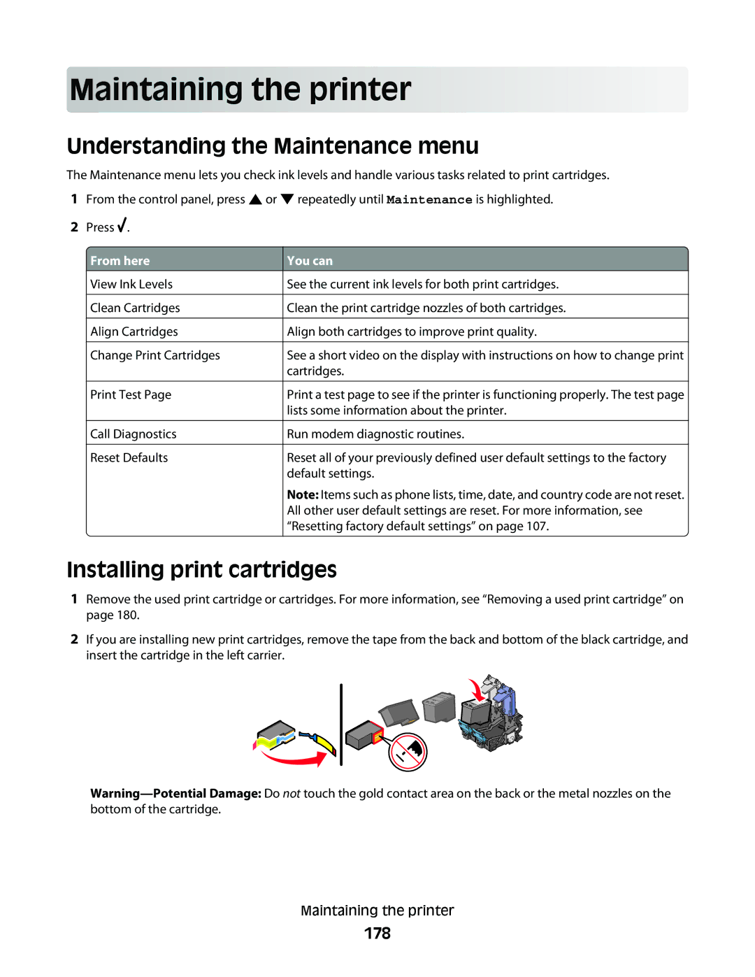 Lexmark 9500 Series Main taining th e prin t er, Understanding the Maintenance menu, Installing print cartridges, 178 