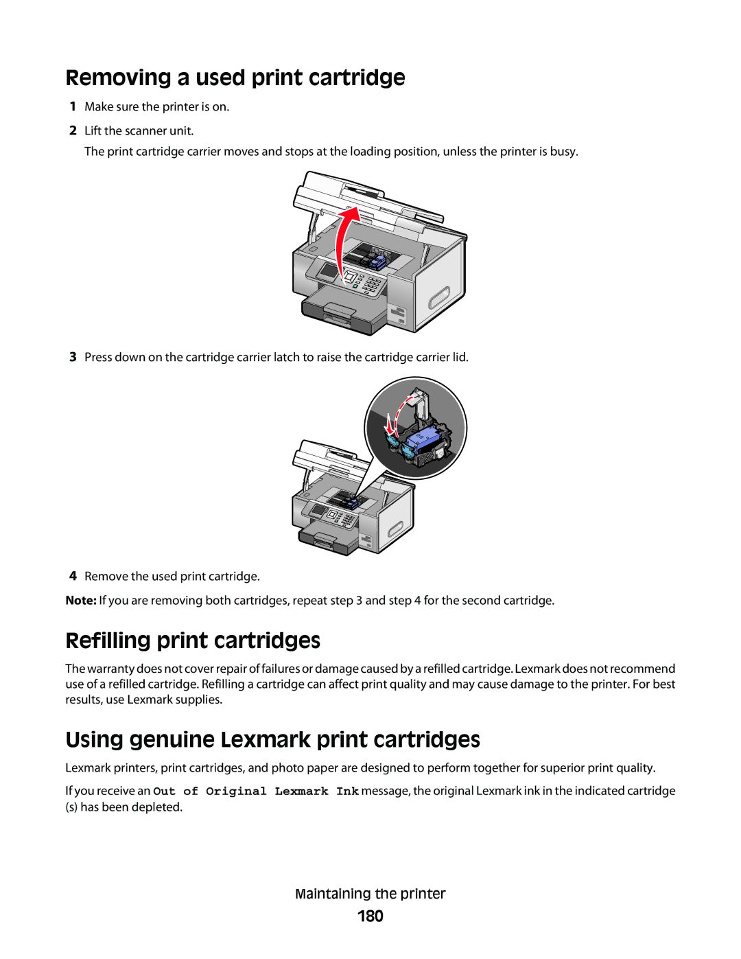 Lexmark 9500 Series Removing a used print cartridge, Refilling print cartridges, Using genuine Lexmark print cartridges 