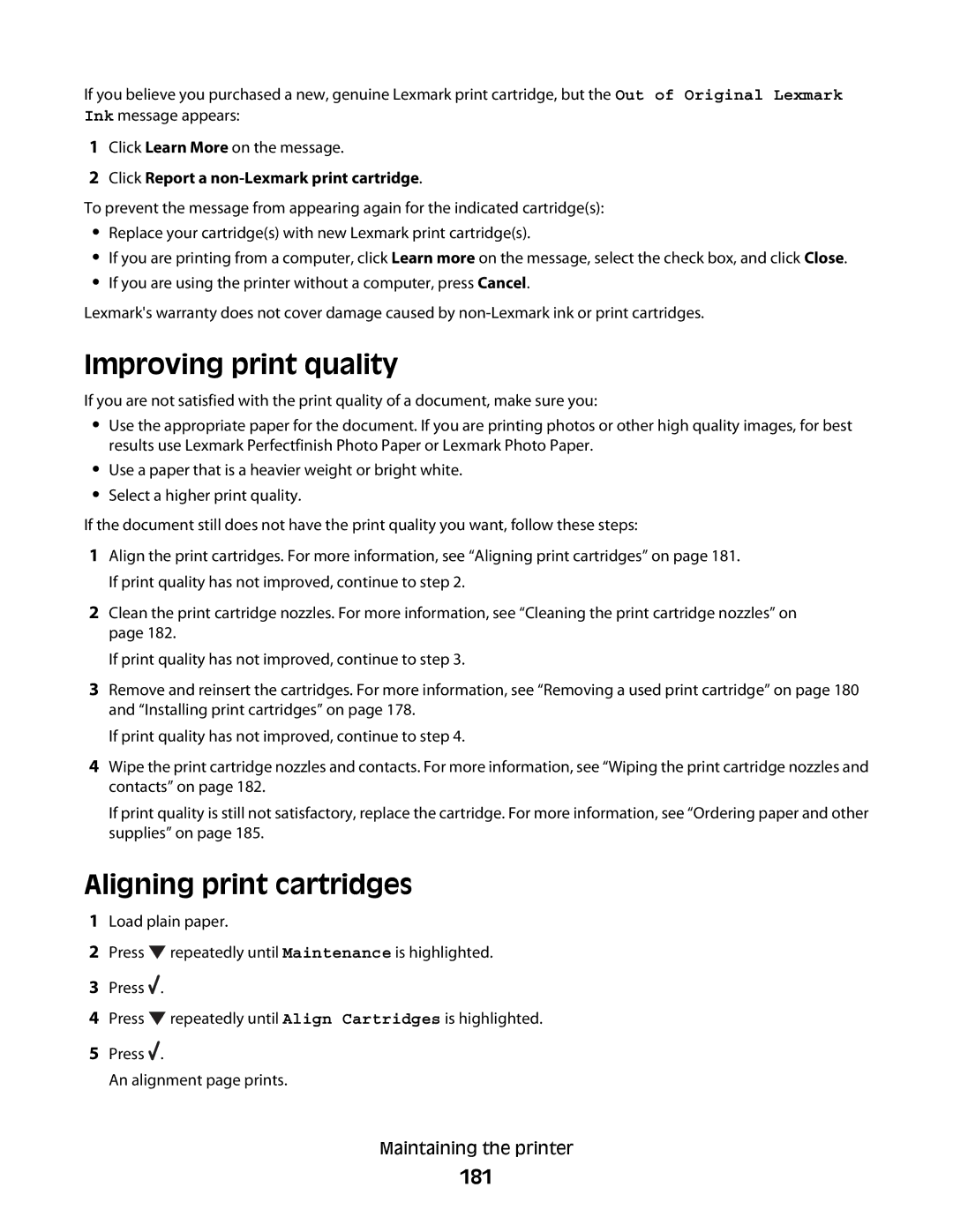 Lexmark 9500 Series Improving print quality, Aligning print cartridges, 181, Click Report a non-Lexmark print cartridge 