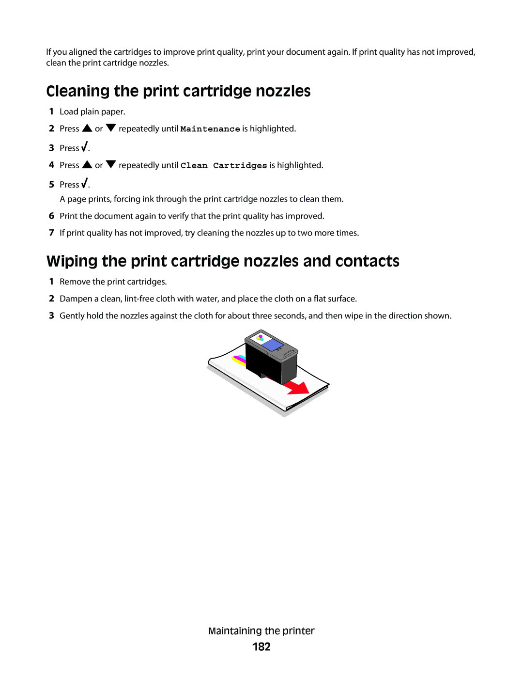 Lexmark 9500 Series manual Cleaning the print cartridge nozzles, Wiping the print cartridge nozzles and contacts, 182 