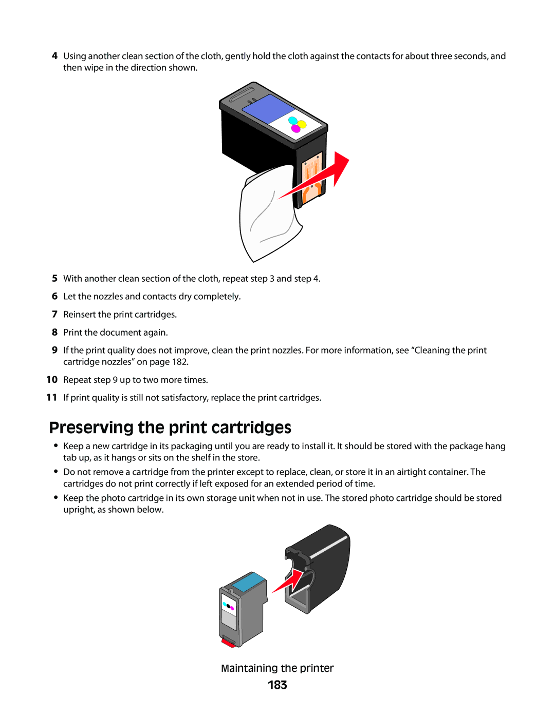 Lexmark 9500 Series manual Preserving the print cartridges, 183 