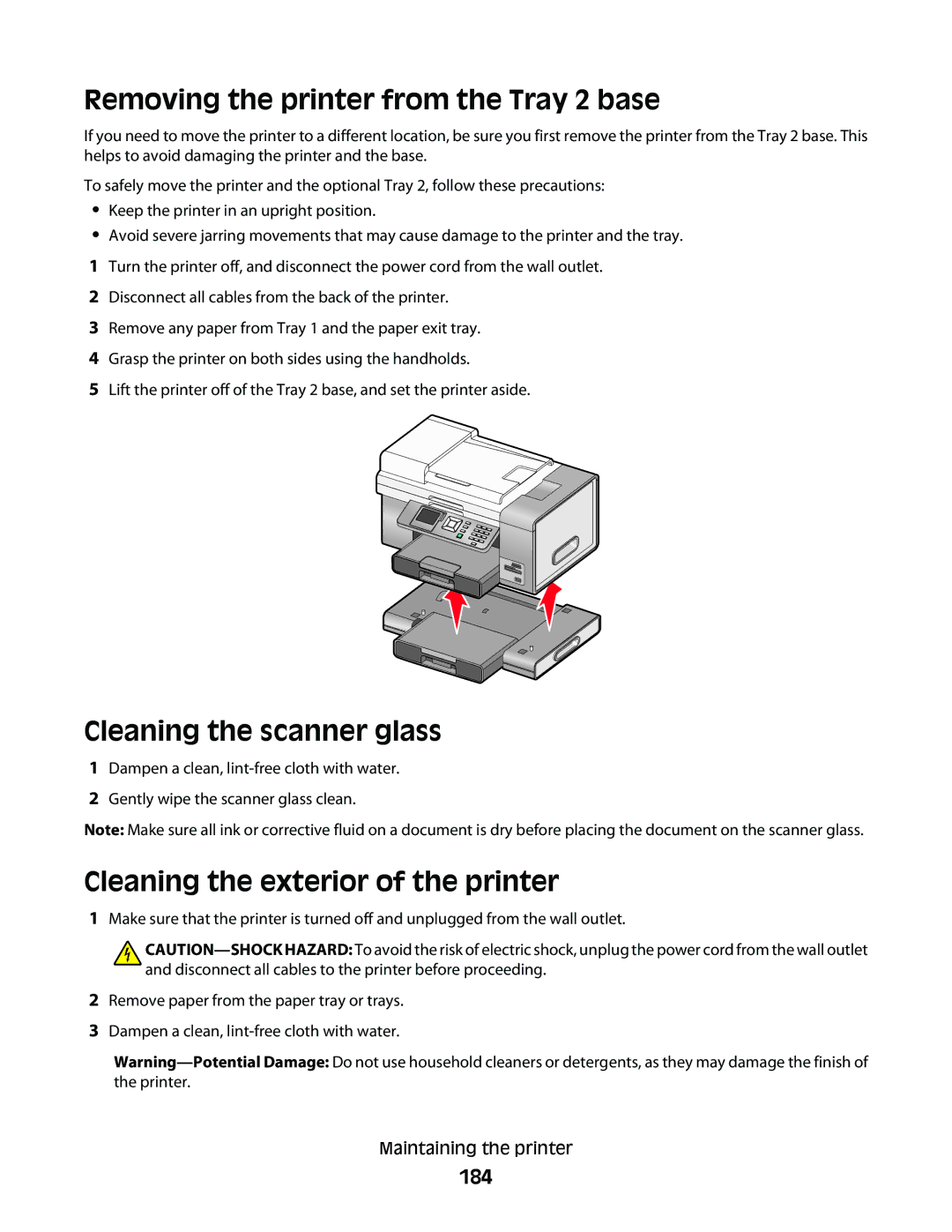 Lexmark 9500 Series manual Removing the printer from the Tray 2 base, Cleaning the scanner glass, 184 