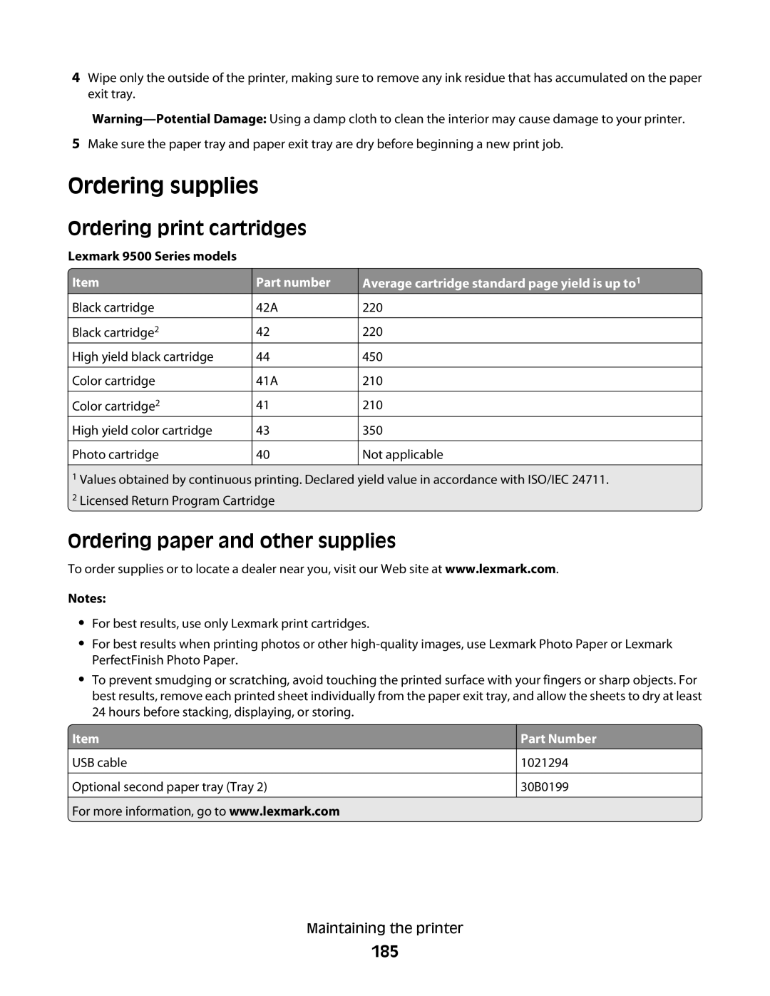 Lexmark 9500 Series manual Ordering supplies, Ordering print cartridges, Ordering paper and other supplies, 185 