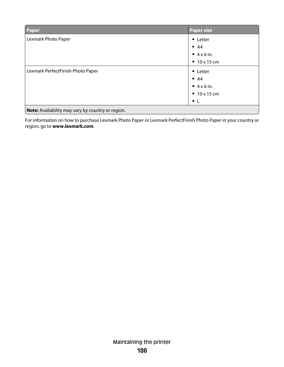 Lexmark 9500 Series manual 186, Lexmark Photo Paper Lexmark PerfectFinish Photo Paper, Paper size 