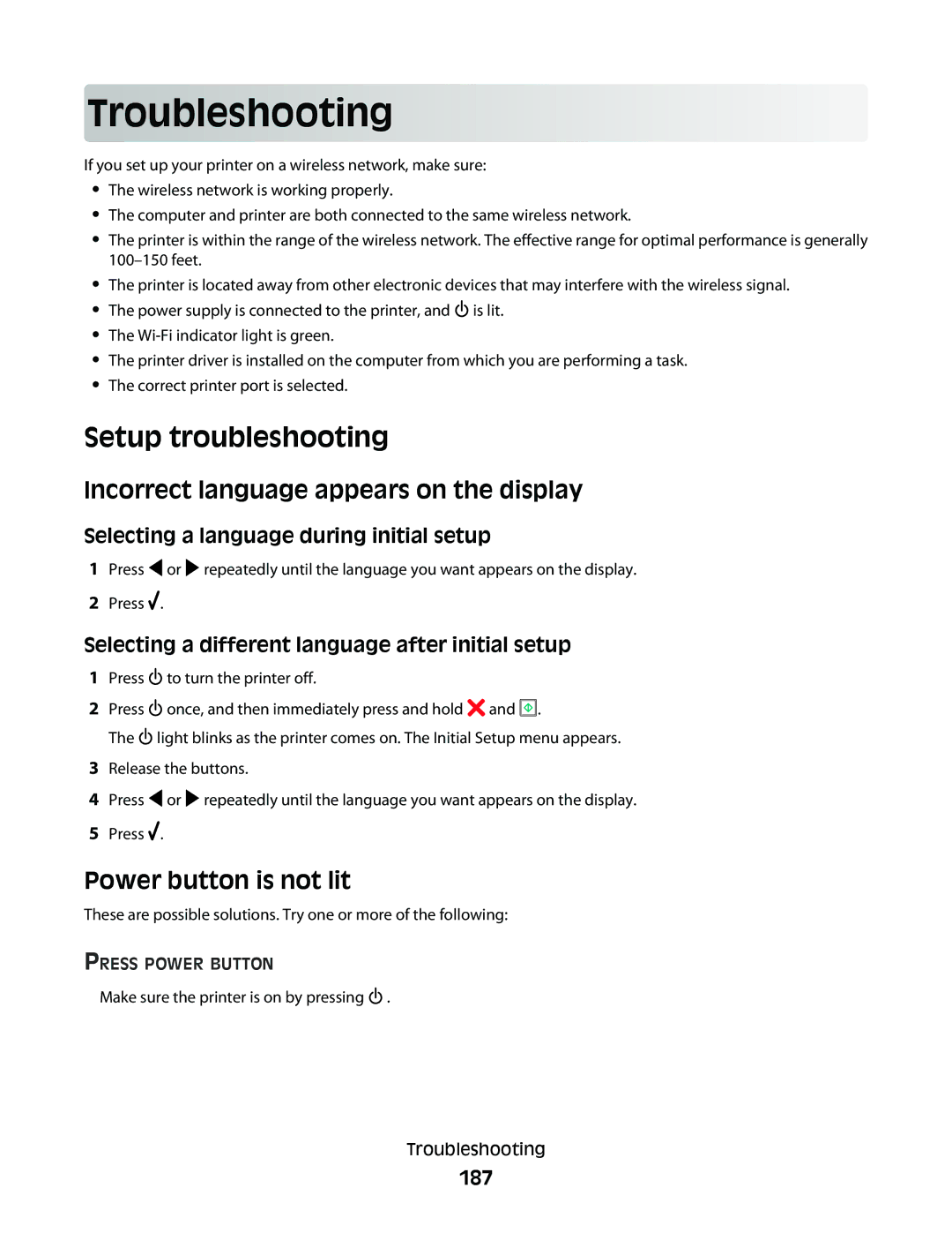 Lexmark 9500 Series manual Troublesho oting, Setup troubleshooting, Incorrect language appears on the display 