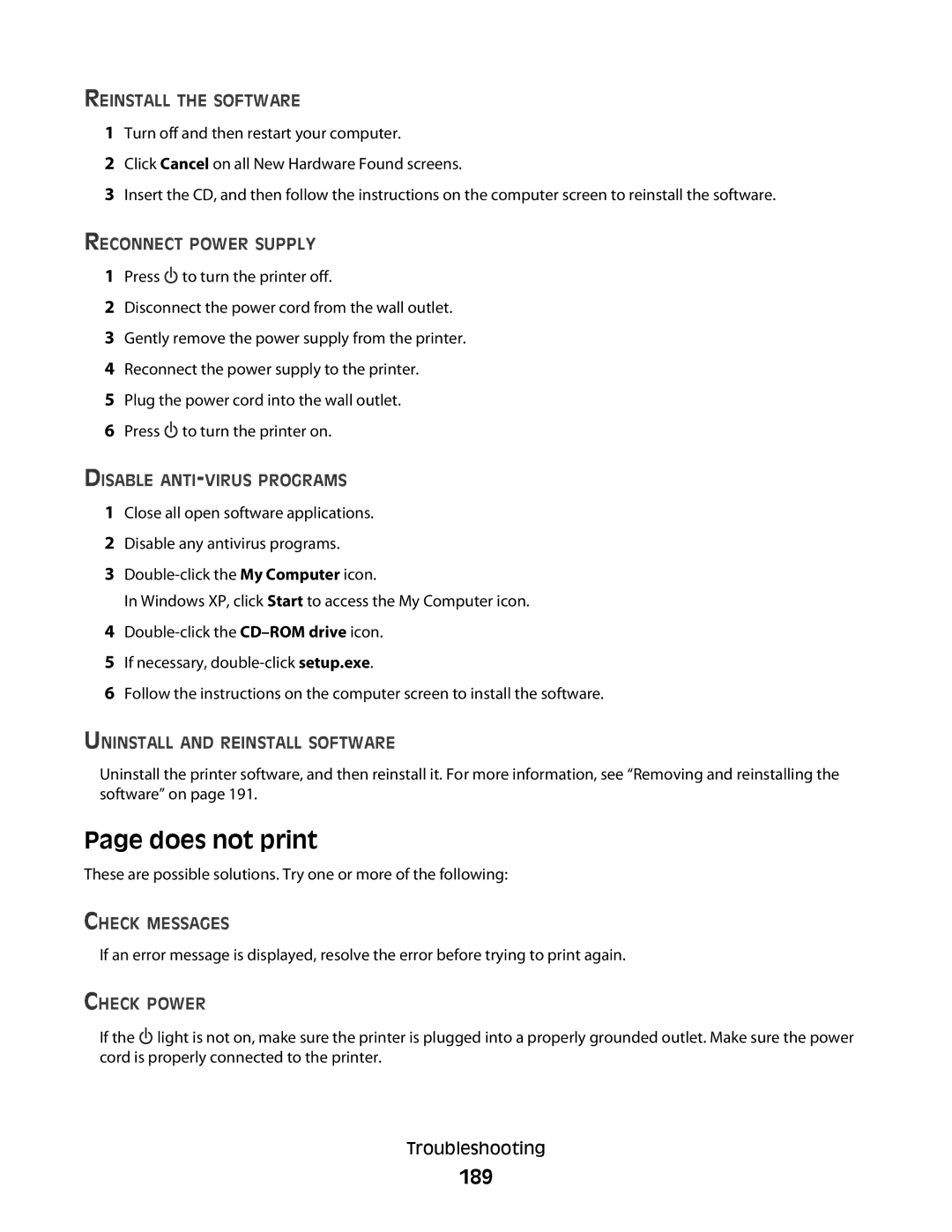 Lexmark 9500 Series manual Does not print, 189 