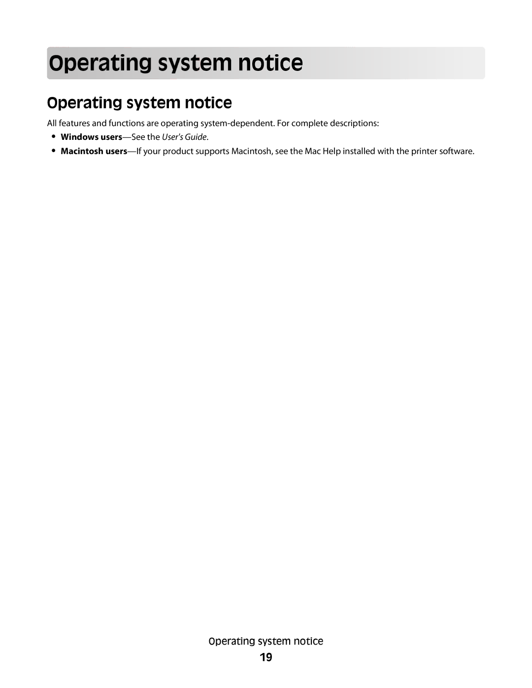 Lexmark 9500 Series manual Ope rating s ys tem no t ice, Operating system notice, Windows users-See the Users Guide 