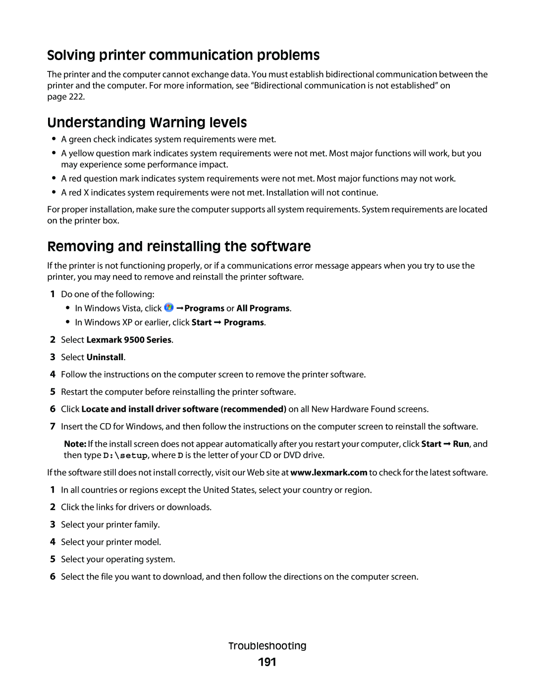 Lexmark 9500 Series manual Solving printer communication problems, Understanding Warning levels, 191 