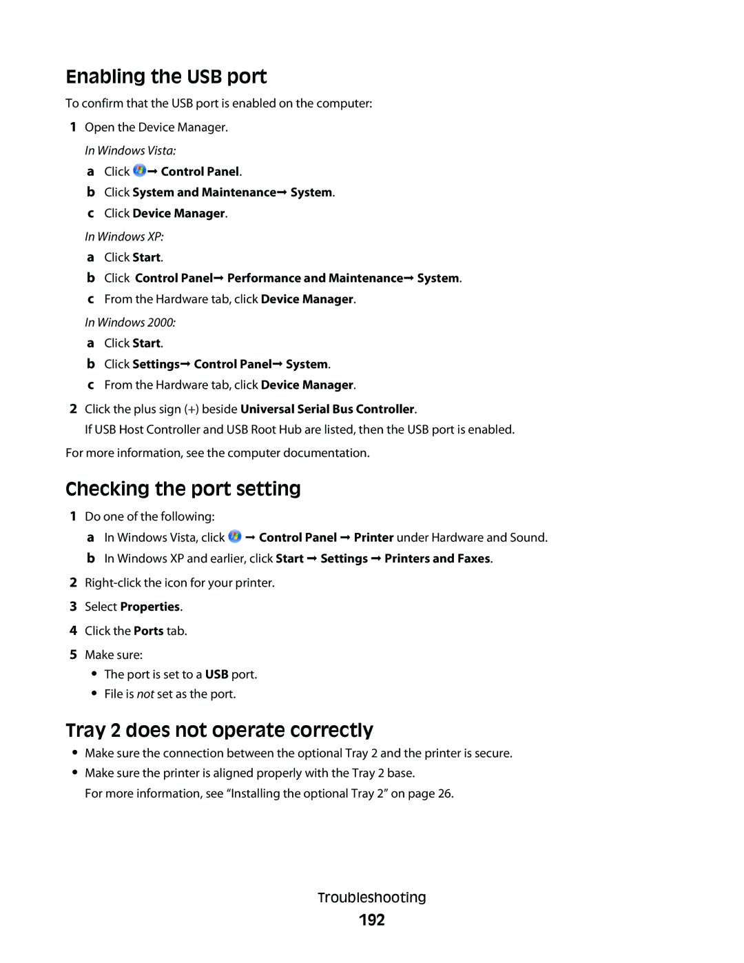 Lexmark 9500 Series manual Enabling the USB port, Checking the port setting, Tray 2 does not operate correctly, 192 