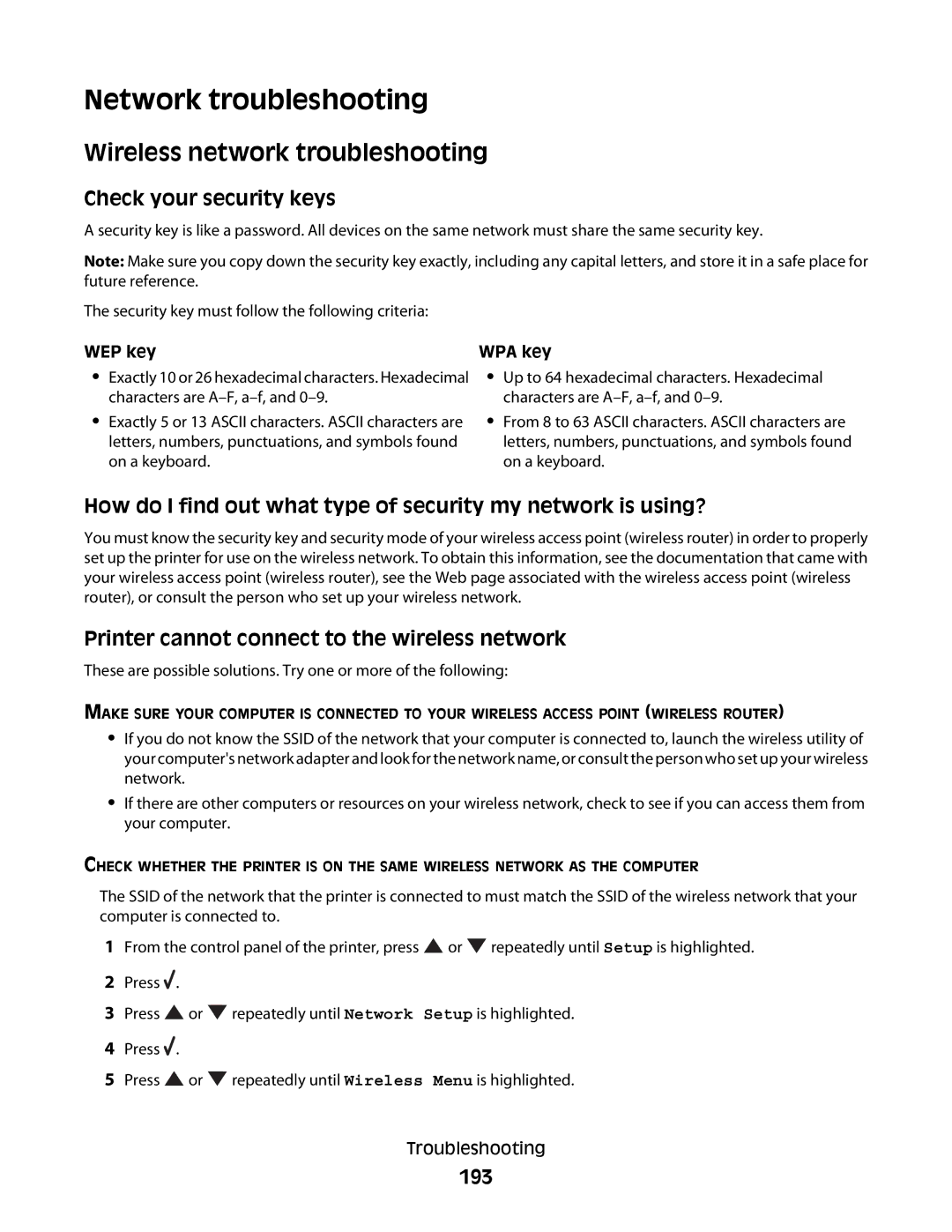 Lexmark 9500 Series manual Network troubleshooting, Wireless network troubleshooting, Check your security keys, 193 