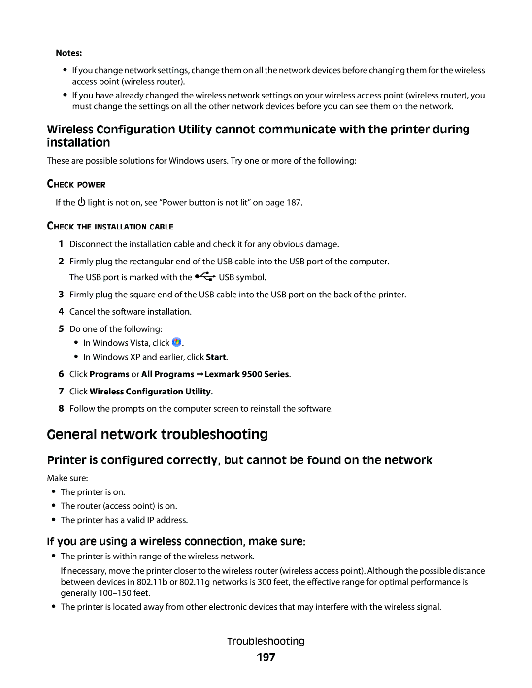 Lexmark 9500 Series manual General network troubleshooting, 197, If the light is not on, see Power button is not lit on 