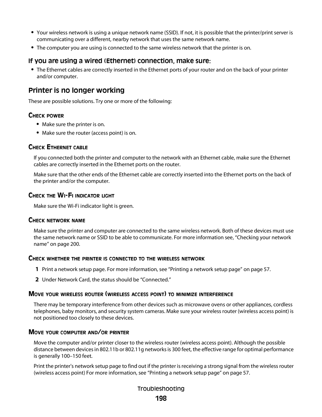 Lexmark 9500 Series manual Printer is no longer working, 198, Make sure the Wi-Fi indicator light is green 