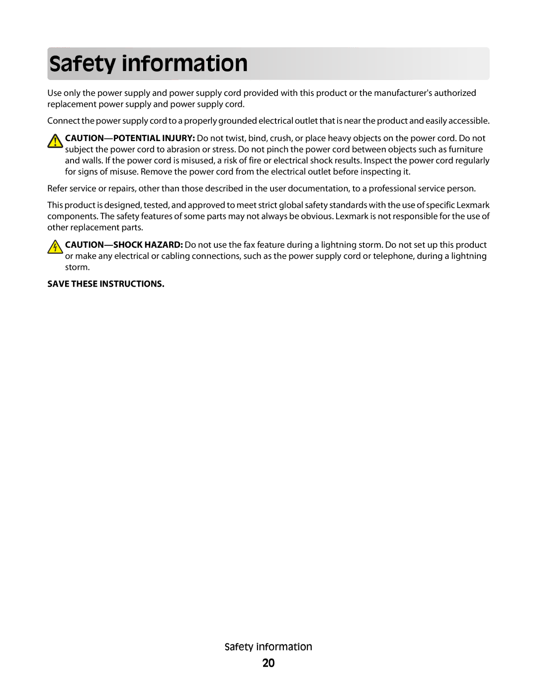 Lexmark 9500 Series manual Safety info rm ation 