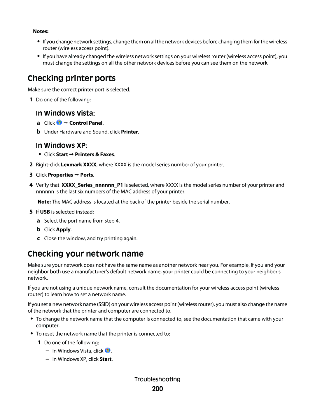 Lexmark 9500 Series manual Checking printer ports, Checking your network name, 200, Click Properties Œ Ports 