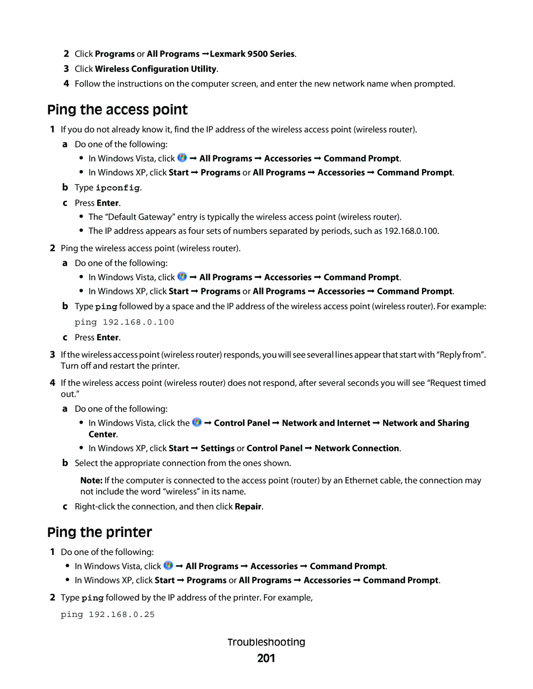 Lexmark 9500 Series manual Ping the access point, Ping the printer, 201 