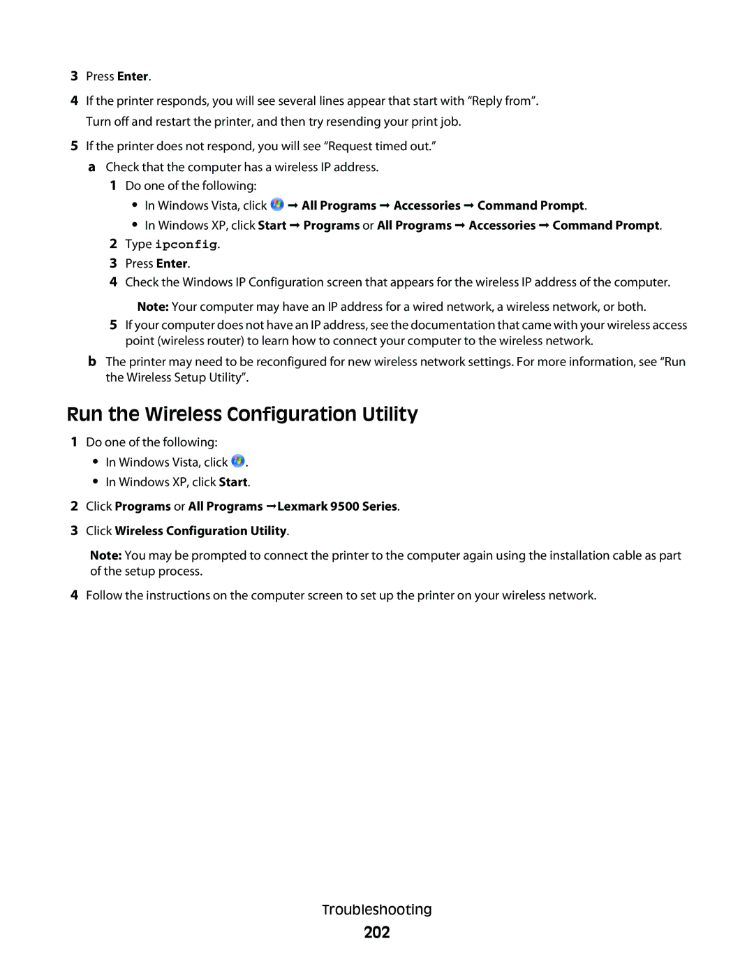 Lexmark 9500 Series manual Run the Wireless Configuration Utility, 202 