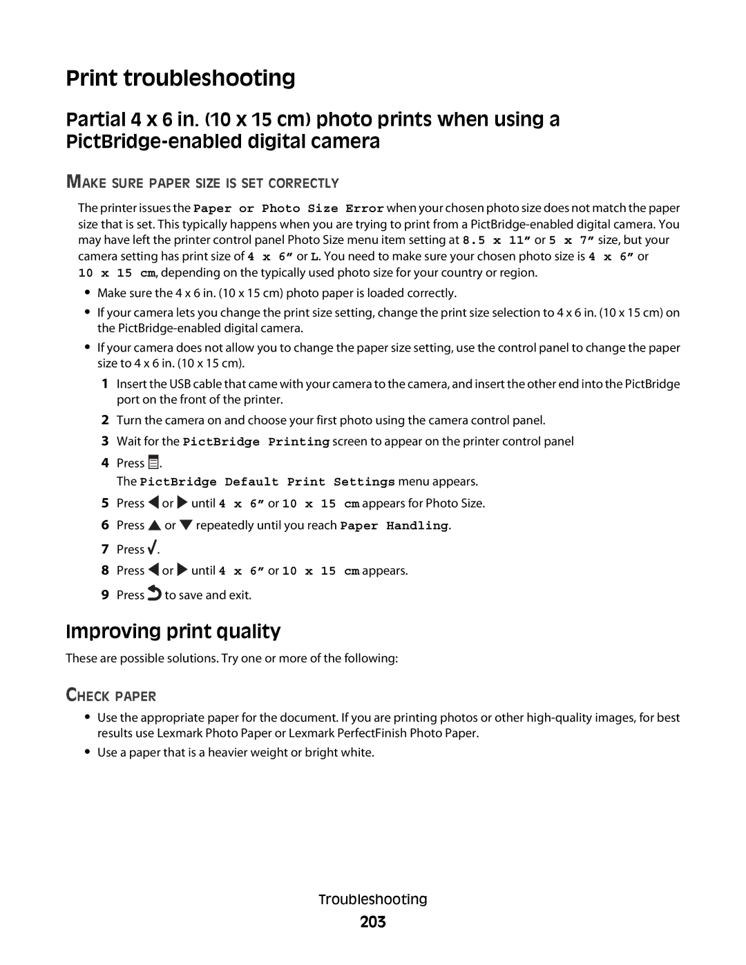 Lexmark 9500 Series manual Print troubleshooting, Improving print quality, 203, Make Sure Paper Size is SET Correctly 