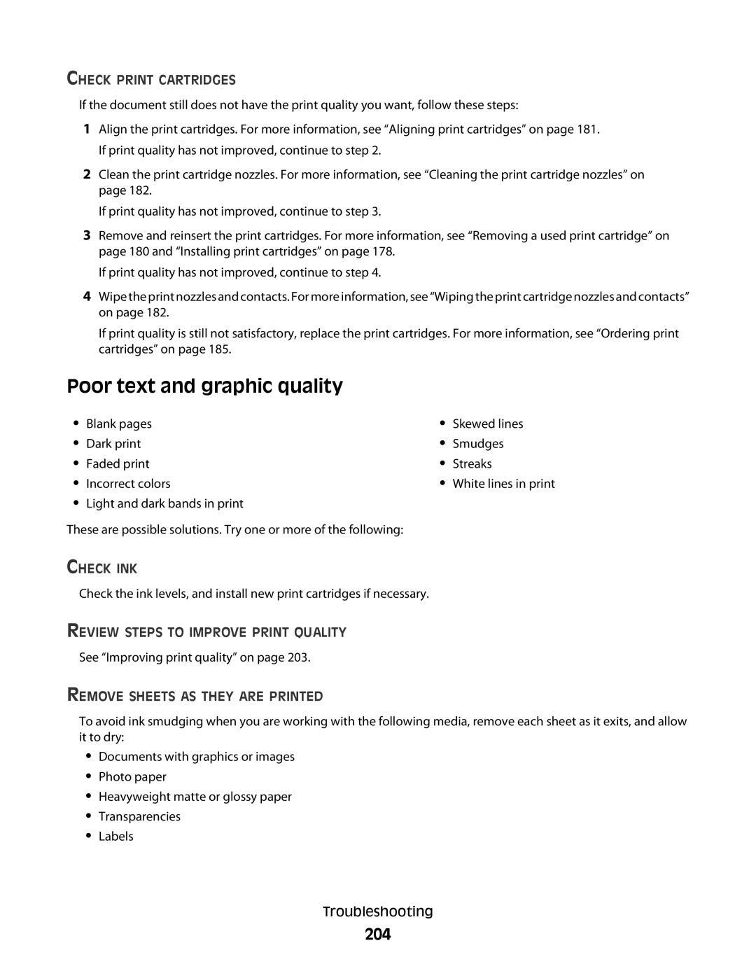 Lexmark 9500 Series Poor text and graphic quality, 204, Check Print Cartridges, Review Steps to Improve Print Quality 