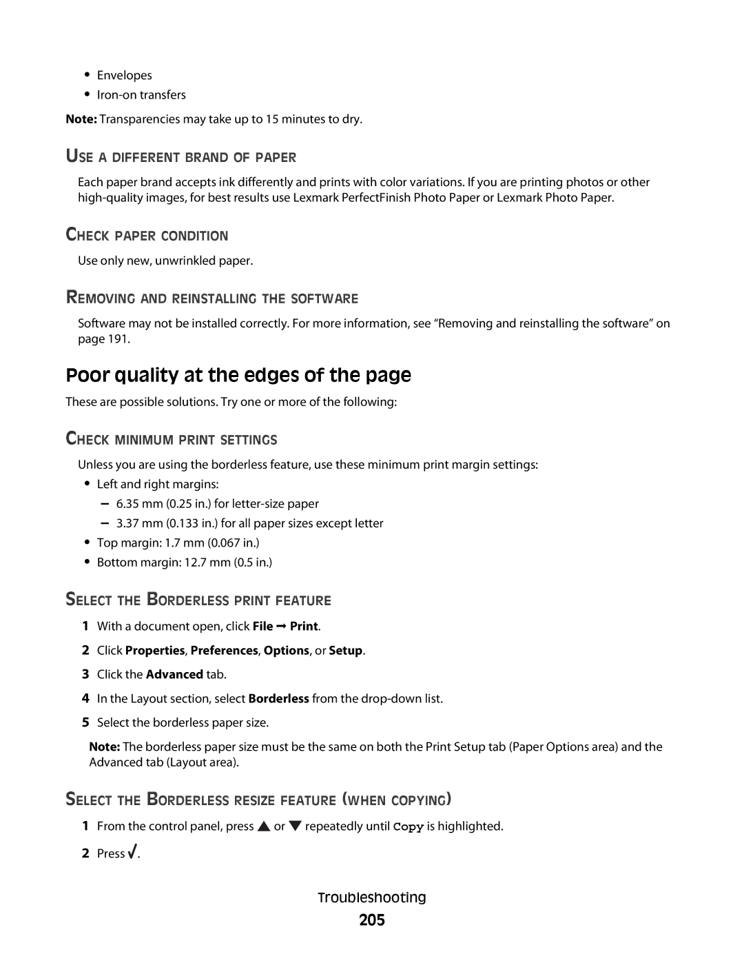 Lexmark 9500 Series manual Poor quality at the edges, 205 