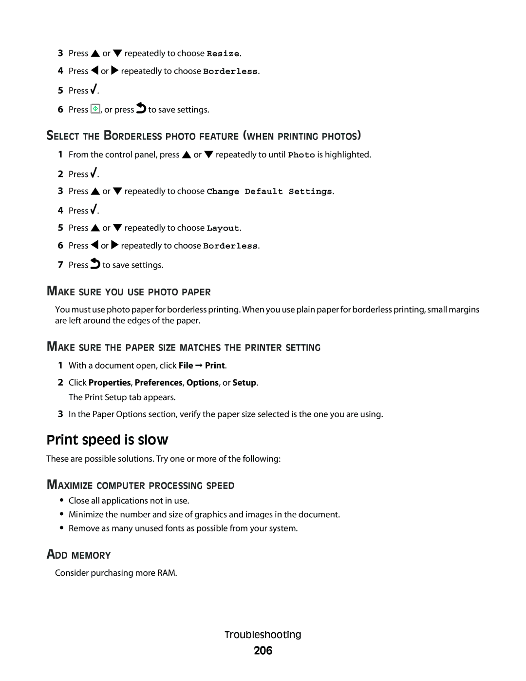 Lexmark 9500 Series manual Print speed is slow, 206 