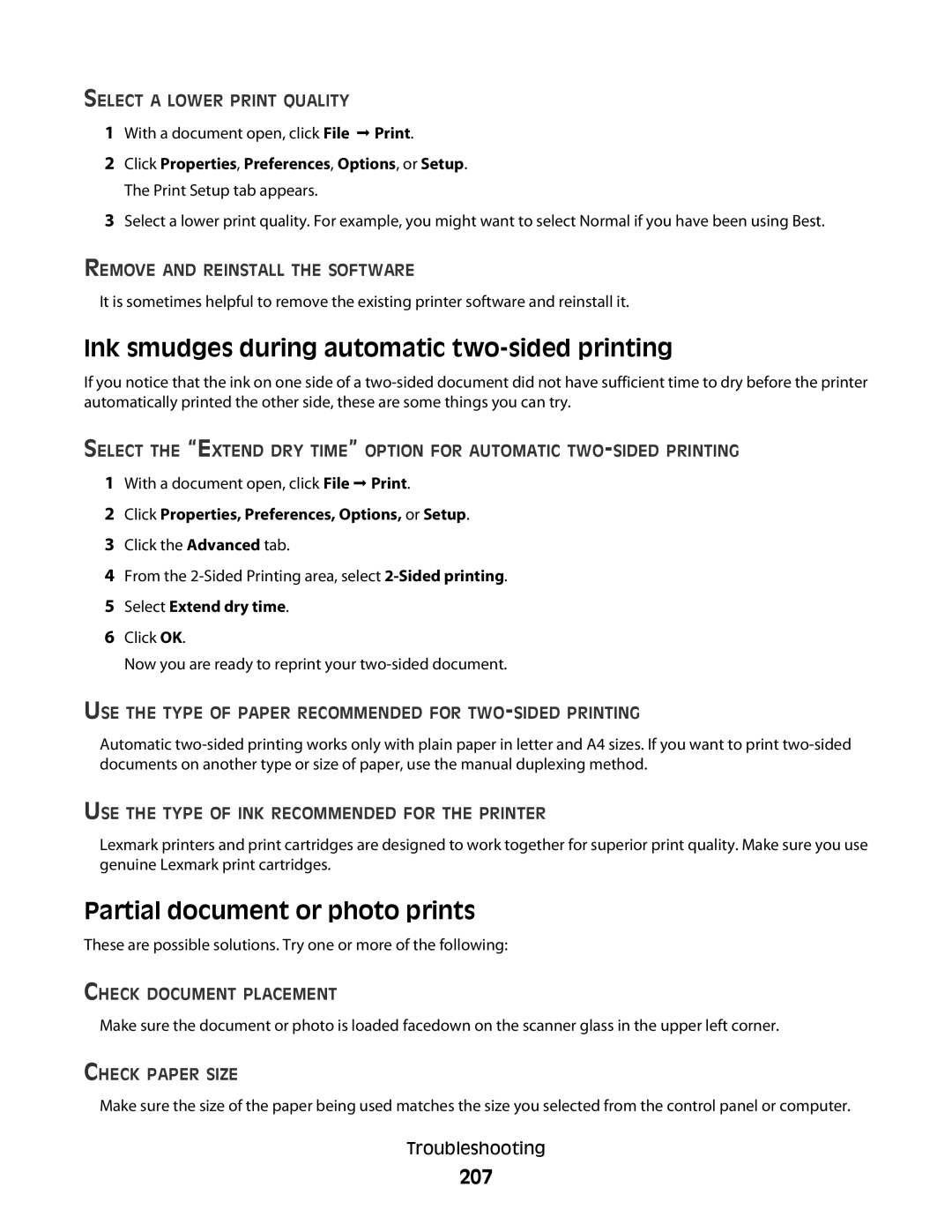 Lexmark 9500 Series manual Ink smudges during automatic two-sided printing, Partial document or photo prints, 207 