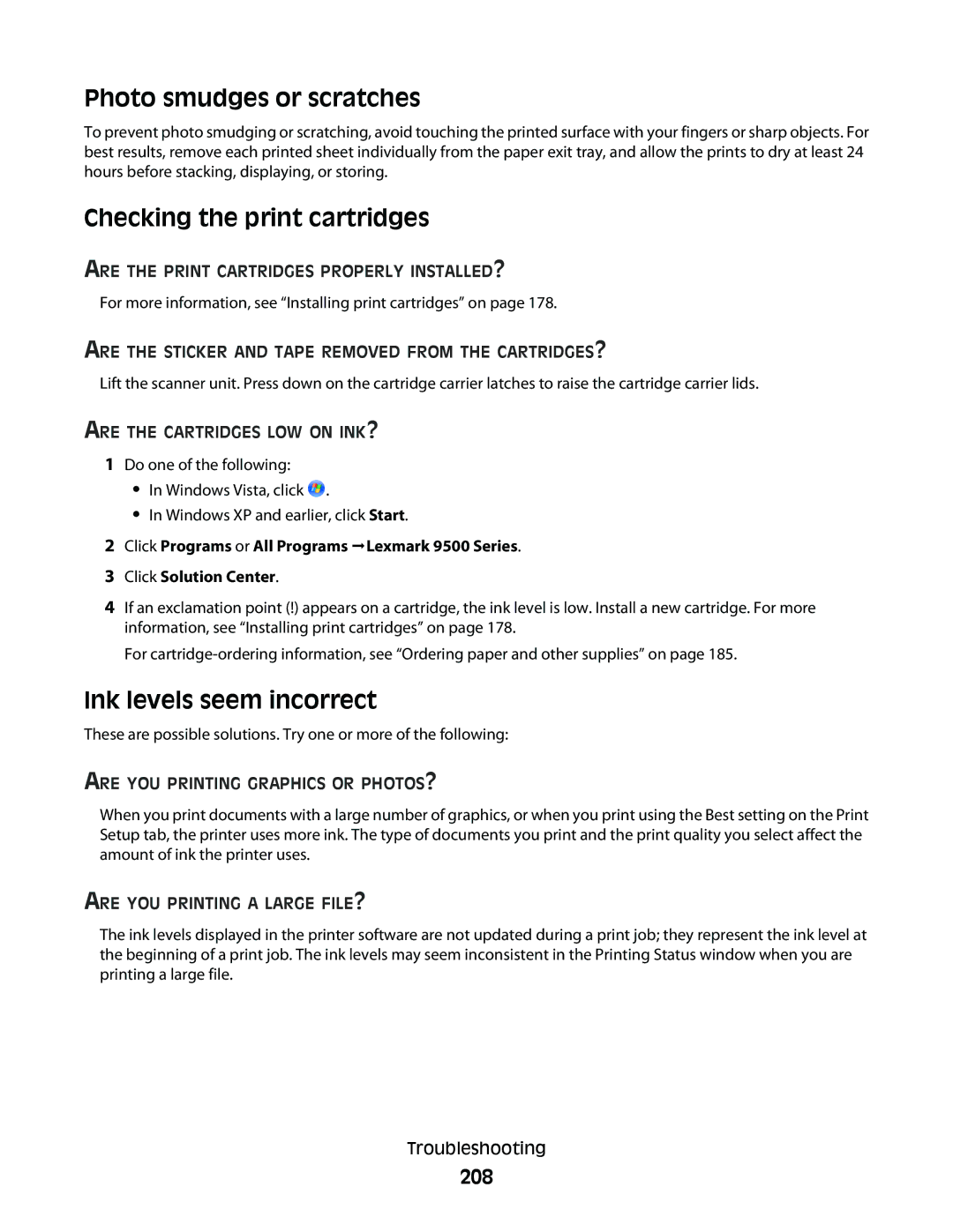 Lexmark 9500 Series manual Photo smudges or scratches, Checking the print cartridges, Ink levels seem incorrect, 208 