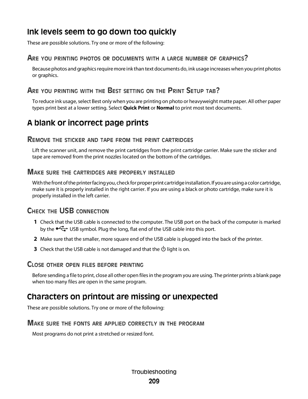 Lexmark 9500 Series manual Ink levels seem to go down too quickly, Blank or incorrect page prints, 209 