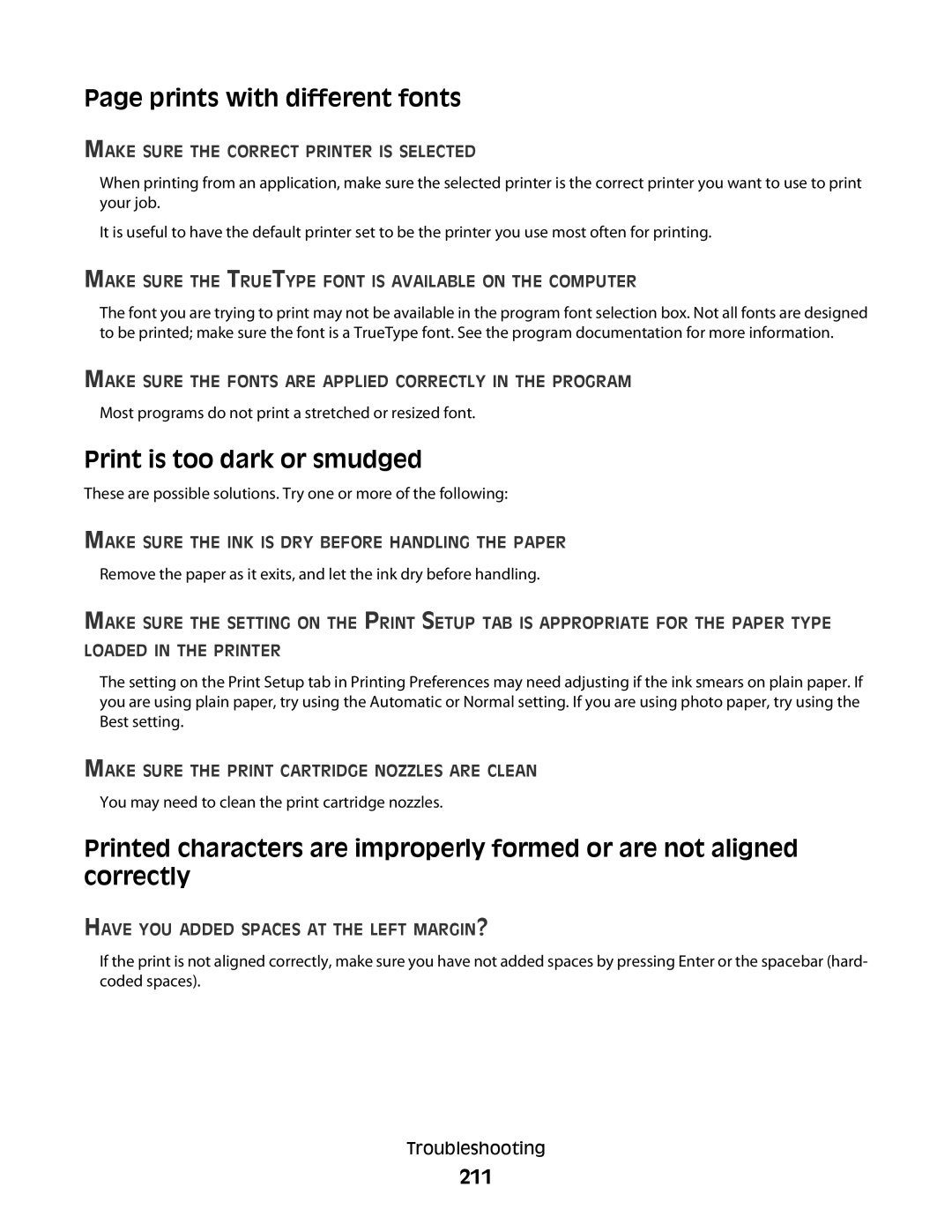 Lexmark 9500 Series manual Prints with different fonts, Print is too dark or smudged, 211 