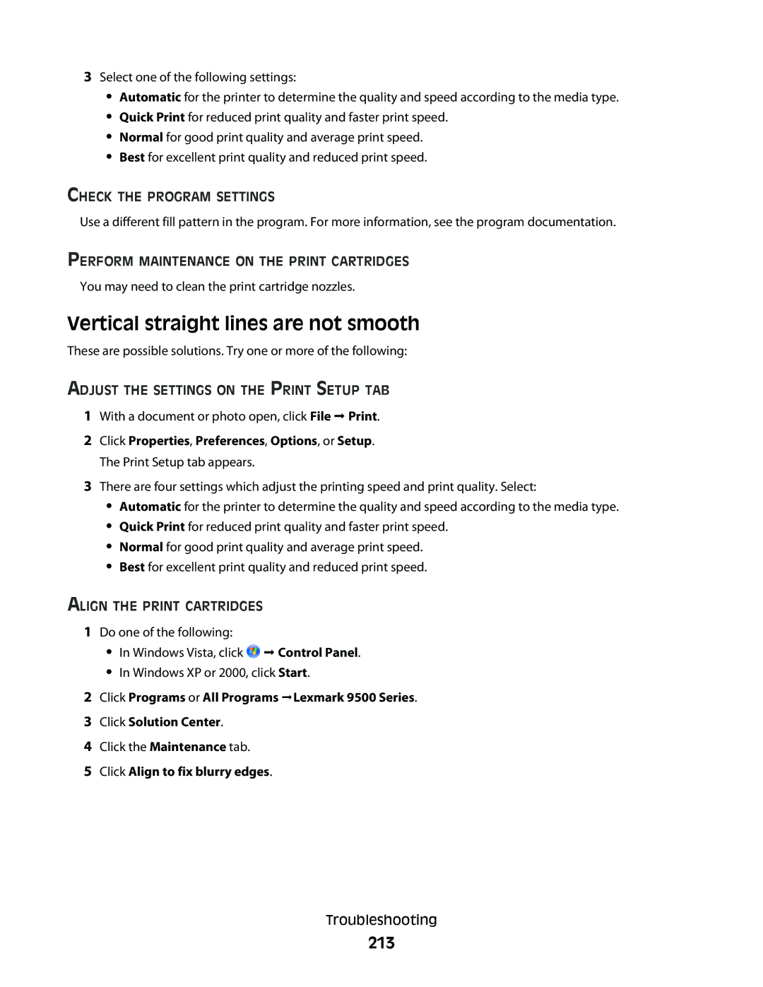 Lexmark 9500 Series Vertical straight lines are not smooth, 213, Check the Program Settings, Align the Print Cartridges 