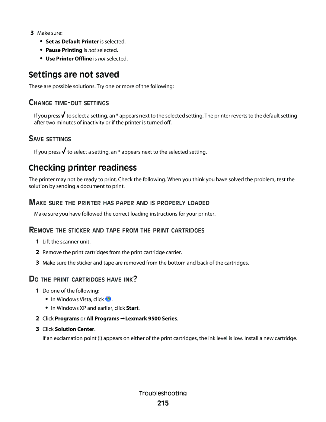 Lexmark 9500 Series manual Settings are not saved, Checking printer readiness, 215 