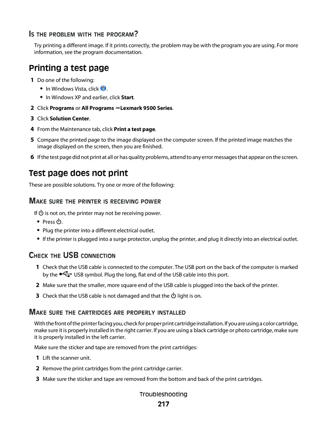 Lexmark 9500 Series manual Printing a test, Test page does not print, 217, Is the Problem with the PROGRAM? 