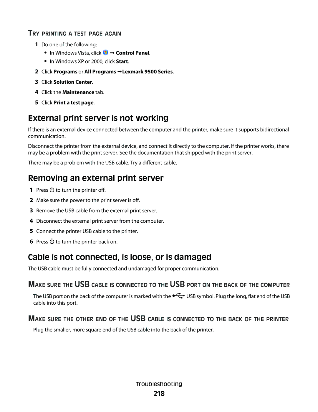 Lexmark 9500 Series manual External print server is not working, Removing an external print server, 218 