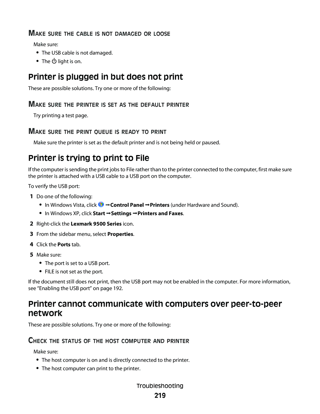 Lexmark 9500 Series manual Printer is plugged in but does not print, Printer is trying to print to File, 219 