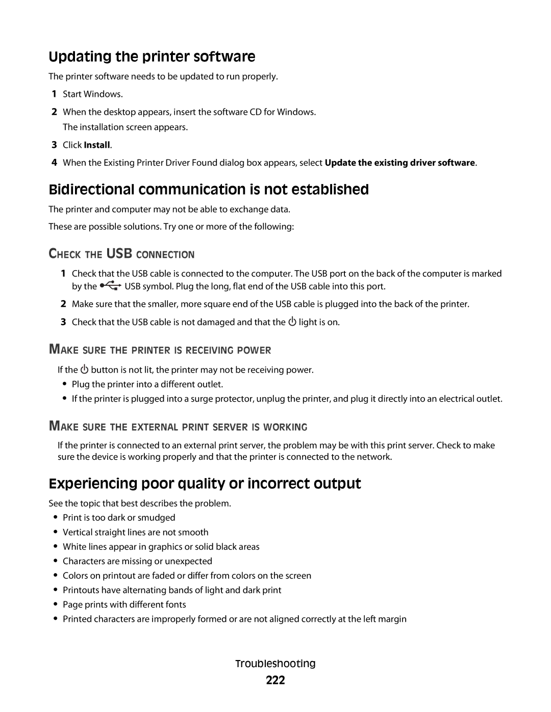 Lexmark 9500 Series manual Updating the printer software, Bidirectional communication is not established, 222 