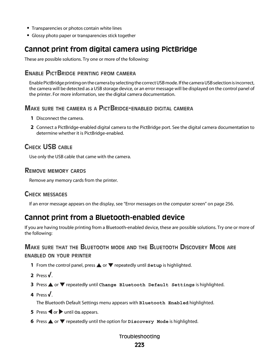 Lexmark 9500 Series Cannot print from digital camera using PictBridge, Cannot print from a Bluetooth-enabled device, 223 